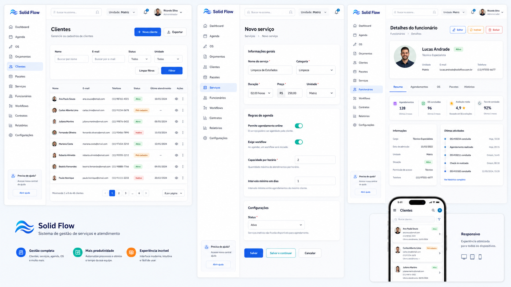 Painel administrativo do Solid Flow com clientes, serviços, funcionários e versão mobile.